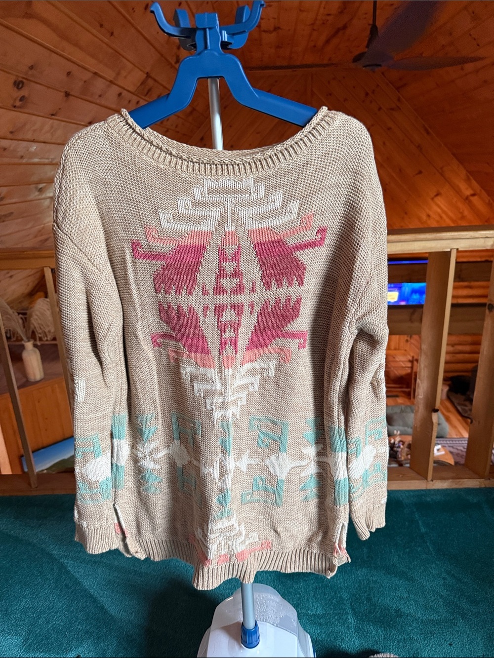 Ralph Lauren Cream Knit Sweater with Pink and Teal Aztec Motif